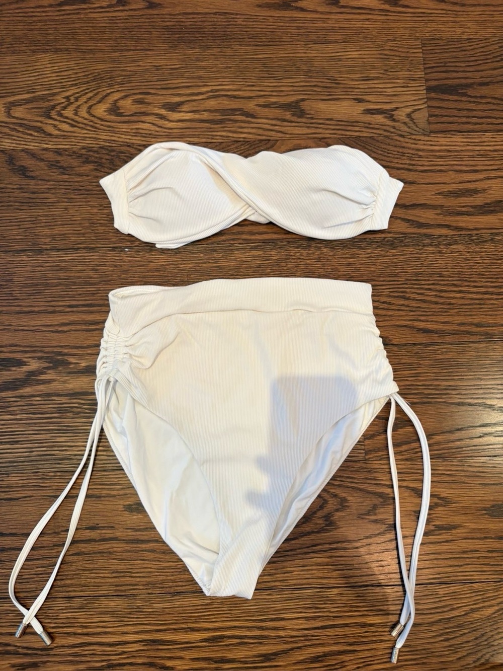 Melissa Odabash White Ribbed Bandeau Bikini Set, High Waist
